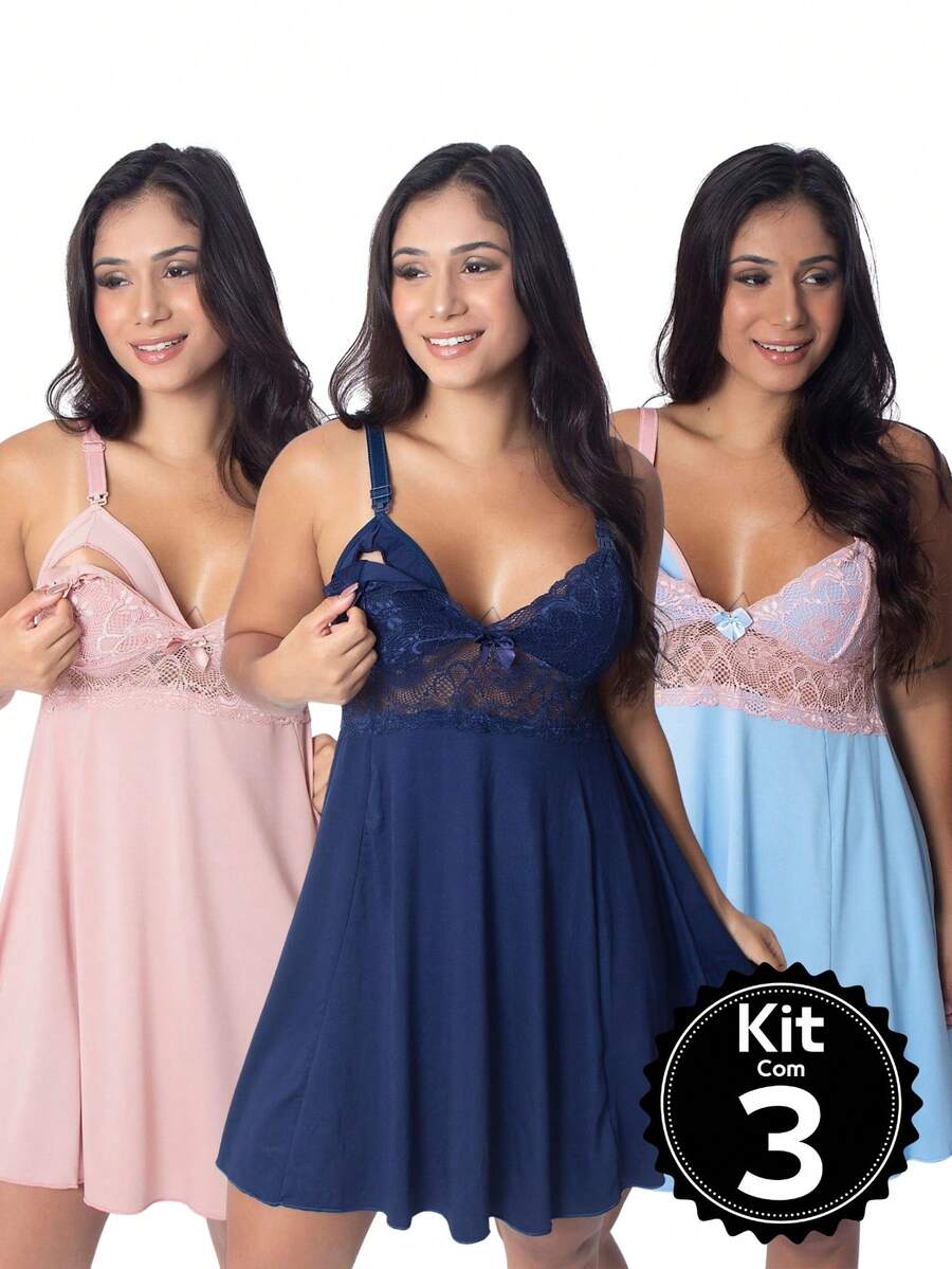 Kit 3 Nursing Nightgowns Fernanda Maternity Leave - Multicolor - View 1