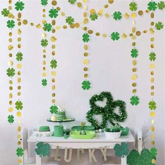 1pc St. Patrick's Day Decoration, Carnival Party Decor, Clover Garland, Spring Green Leaf Paper Hanging Ornament, Green & Gold Glitter Decoration, Holiday & Party Atmosphere Prop