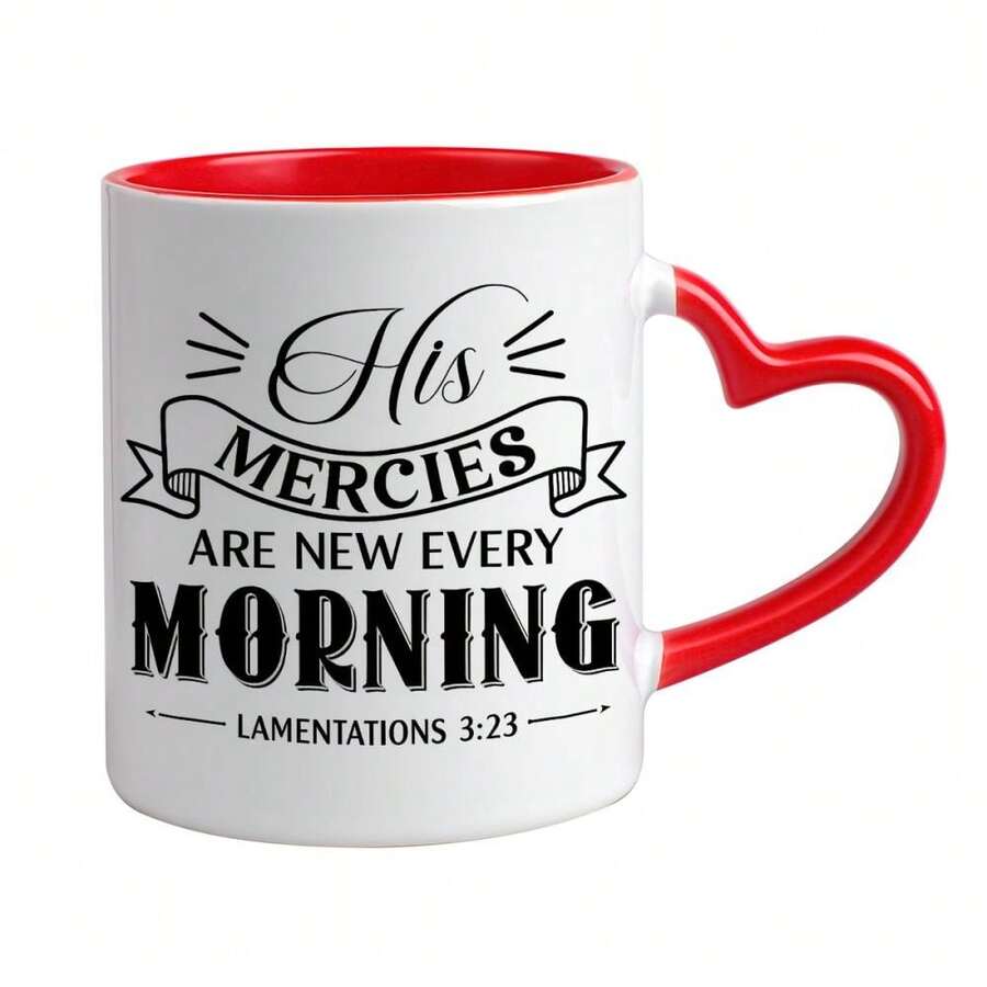 1 Vintage Christian Inspirational Ceramic Mug With Heart Handle & "His Mercy Updates Every Morning" Bible Verse (Lamentations 3:23) - 11oz White Coffee Tea Cup, Glossy Glaze & Vintage Typography - Faith Gifts Believers, Prayer Time Reminder, Romantic Valentines Day Present For Her Him, Birthday Anniversary Christmas Gift For Boyfriend Girlfriend Husband Wife Fiance, 11 Oz Ceramic Tea Cup - 白色3 - 查看 1