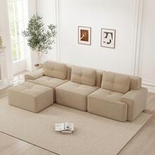 Living Room Sofa Made Of Corduroy, Boneless L-Shaped Sofa With Deep Seat, 3-Seater Modular Sofa With Ottoman, Corner Sofa For Living Rooms And Apartments, Assembly Not Included - Beige - View 1