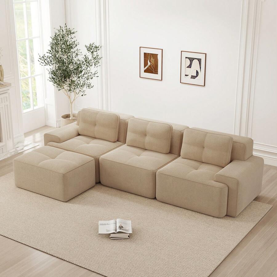 Living Room Sofa Made Of Corduroy, Boneless L-Shaped Sofa With Deep Seat, 3-Seater Modular Sofa With Ottoman, Corner Sofa For Living Rooms And Apartments, Assembly Not Included - Beige - View 1