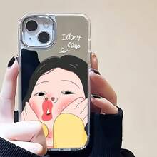 Estuche para teléfono con diseño de expresión de dibujos animados lindo Estuche para teléfono con espejo También se puede usar como espejo y es compatible con  17  16 Pro Max  15 Pro Max  13 y  12 Hecho de TPU Brinda protección contra golpes y caídas Perfecto para regalar a familiares amigos para cumpleaños aniversarios y ocasiones especiales - Plateado - Ver 1