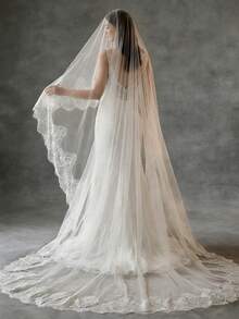 1pc Lace Trim Bridal Veil, Suitable For Church Wedding, Wedding Photography Props, No Comb Wedding Accessory - 彩色 - 查看 3