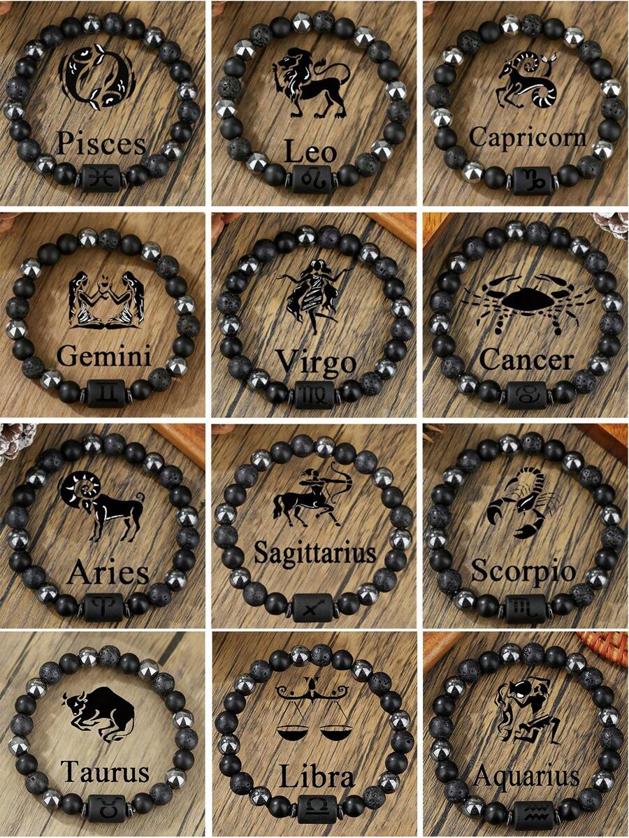 12 Zodiac Signs Natural Volcanic Stone Black Vintage Bracelet, Handmade Couple Bracelet Wholesale - Bracelet - View 1