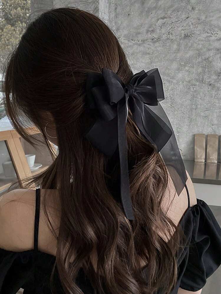 1pc Layered Tulle Long Streamer Bow Hair Clip, Elegant Fashion Tulle Ethereal Hair Accessory For Women, Suitable For Any Occasion Claw Clips Hair Claws Hair Barrettes, School Stuff, College, Winter Outfit For Women, Bows, Cute, Hair Accessories, Head Accessories, Hairpin,Summer,Holiday,Travel