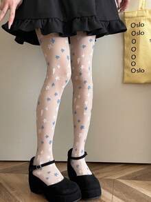 1 Pair Women's Blue & White Star Print Layered Tights, Sweet Y2K Baddie Sheer Skinny Pants, Cute Girlish Jumpsuit, Suitable For Daily Gatherings, Parties, Street Snaps, Casual Outfits - Multicolor - View 2