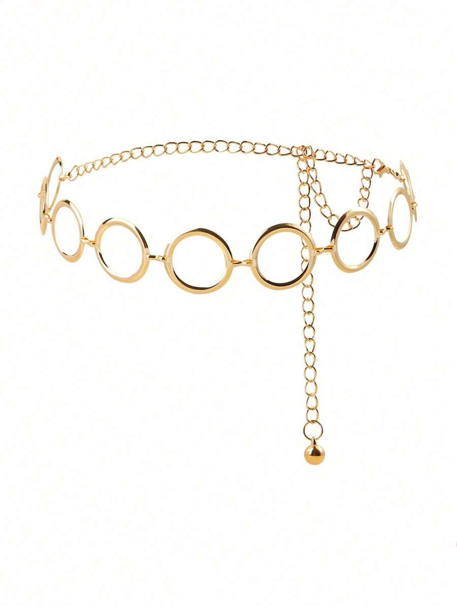 1pc Minimalist Fashion Resort Style Dress With Metal Ring Waist Chain & Body Chain, Personalized Geometric Circle Single Layer Body Chain, Punk Metal Waist Chain, Women Jewelry [Random Circle Quantity]