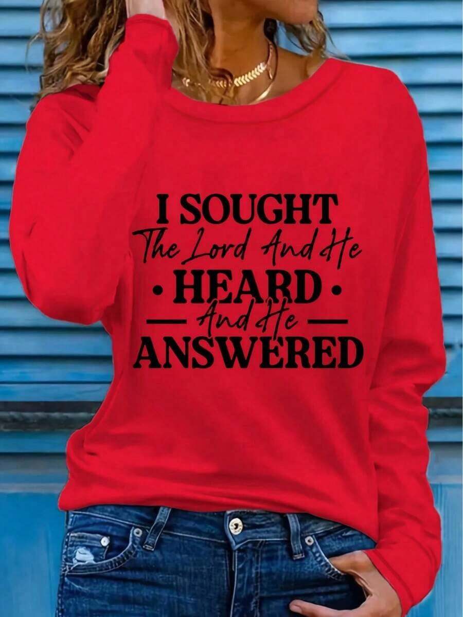Christmas Christmas Outfit Women Christmas Decor I Sought The Lord T-Shirt - Religious Top With Bold "I Sought The Lord" Print, Soft Breathable Fabric, Comfortable Casual Long Sleeve Dress/Top (Available In Multiple Sizes) - Inspirational Verse Gift Long Sleeve Tops Women Winter Clothes For Women Fall Clothes For Women-New Autumn/Winter Collection: Unisex Relaxed Fit Long-Sleeve Crew Neck Sweatshirt - 紅色 - 查看 1