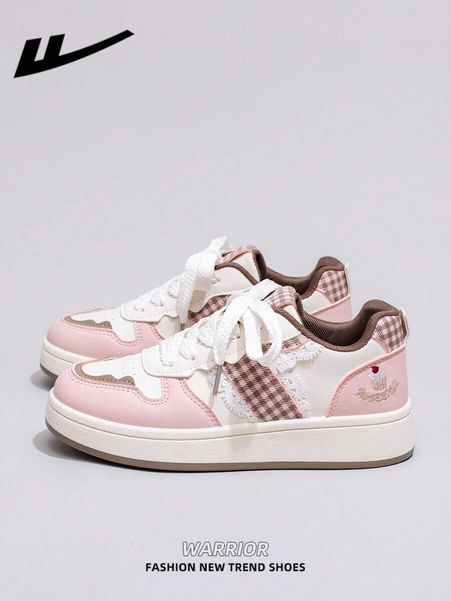 1双 WARRIOR 女士厚底系带软底休闲鞋，低帮户外平底鞋，圆头低跟防滑纯色优雅软底徒步鞋，适合学生、毕业照、平底鞋、低帮皮质运动滑板鞋 - 粉/米 - 查看 1
