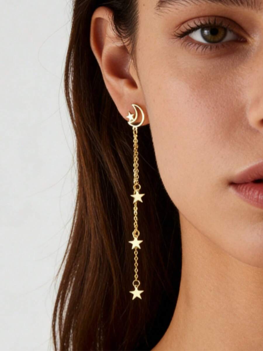 一对女士时尚月亮星星流苏耳环，中东开斋节甜美元素风格，几何新月和多层星星吊坠设计，适合女士日常搭配和节日佩戴，开斋节礼物之选 - 金黃色 - 查看 1