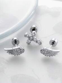 一套（+十字锆石+右翼）低过敏性钛钢天使翅膀耳钉，镶嵌微镶锆石，时尚男女通用耳骨耳钉，适合日常佩戴 - 十字架翅膀耳骨釘 - 查看 12