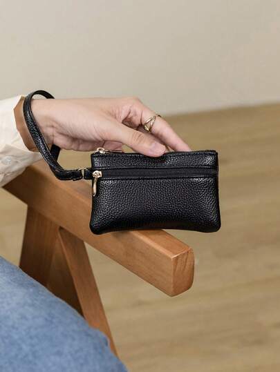 女士亮面荔枝纹短款手提双拉链小钱包，带腕带；荔枝纹双拉链手提零钱包，PU纯色卡包/零钱包；化妆包；化妆品收纳包；情人节礼物；节日礼物；送给朋友的最佳礼物