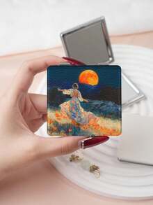 1件装艺术油画风格人像系列折叠式化妆镜，轻巧超薄，便携手持镜，耐用PU皮革材质，适用于多种场景，折叠式方形小镜，方便携带，口袋镜，芭蕾舞者、花田、房屋、猫、女孩、情侣肖像等独特设计，印刷精准细腻，折叠结构，经久耐用，防摔，方便手持，180°翻盖，多功能 - 彩色 - 查看 10