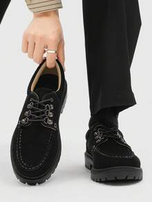 2026 New Low-Top Casual Leather Shoes, Versatile Fashion Men's Shoes, Suede Lace-Up Thick Sole Work Boots - Black - View 5