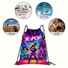 Mattel 1个K-Pop动漫图案印花抽绳背包 - 色彩鲜艳的人物设计，耐用的牛津布面料，带口袋，方便携带，非常适合健身、瑜伽和旅行 - 彩色 - 查看 3
