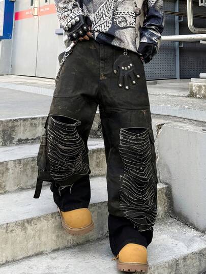 1 pieza Pantalones vaqueros de pierna ancha, estilo holgado, con parches y múltiples bolsillos, estilo urbano estadounidense para hombre. Pantalones de mezclilla cómodos y versátiles (cinturón y accesorios no incluidos)
