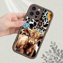 Cute Highland Cow Sunflower Turquoise Leopard Print Phone Case For IPhone 17 16 15 14 13 12 11 7 X,New Thickened Shockproof Scratch-Resistant Case With Comfortable Matte Feel,Western Farmhouse Style Protective Cover - Cà phê nâu - Xem 1