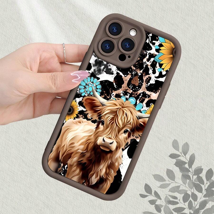 Cute Highland Cow Sunflower Turquoise Leopard Print Phone Case For IPhone 17 16 15 14 13 12 11 7 X,New Thickened Shockproof Scratch-Resistant Case With Comfortable Matte Feel,Western Farmhouse Style Protective Cover - Cà phê nâu - Xem 1
