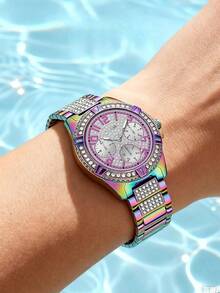 Guess G-Link Series Silver Tone Iridescent Steel Strap Ladies Watch, Luxury Rhinestone Decorated Accessory, Brand Gift For Girlfriend/Best Friend, Suitable For Daily, Commute, Date, Party, Versatile Quartz Watch, Comes With Original Watch Box GW0044L1 - Gradient+Gold - View 2