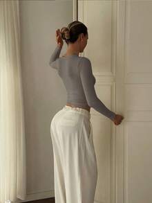 Basic Minimalist Crew Neck Double Layer Seamless Slim Fit Long Sleeve Top - Grey - View 3