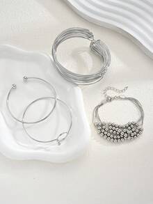 4pcs Minimalist Punk Style Metal Geometric Beaded Bracelet Set, Unisex Suitable For Sisters, Couples, Casual, Party, Wedding, Birthday Gift For Girlfriend, Mom - Silver - View 6
