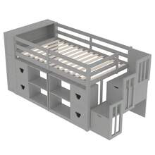 Low Loft Bed For Teens & Adults, Twin Size With Storage Staircase, Shelves, And Built-In Headboard, Space-Saving Design In Modern Gray Finish,Mattress Not Included - Xám + Đôi - Xem 10