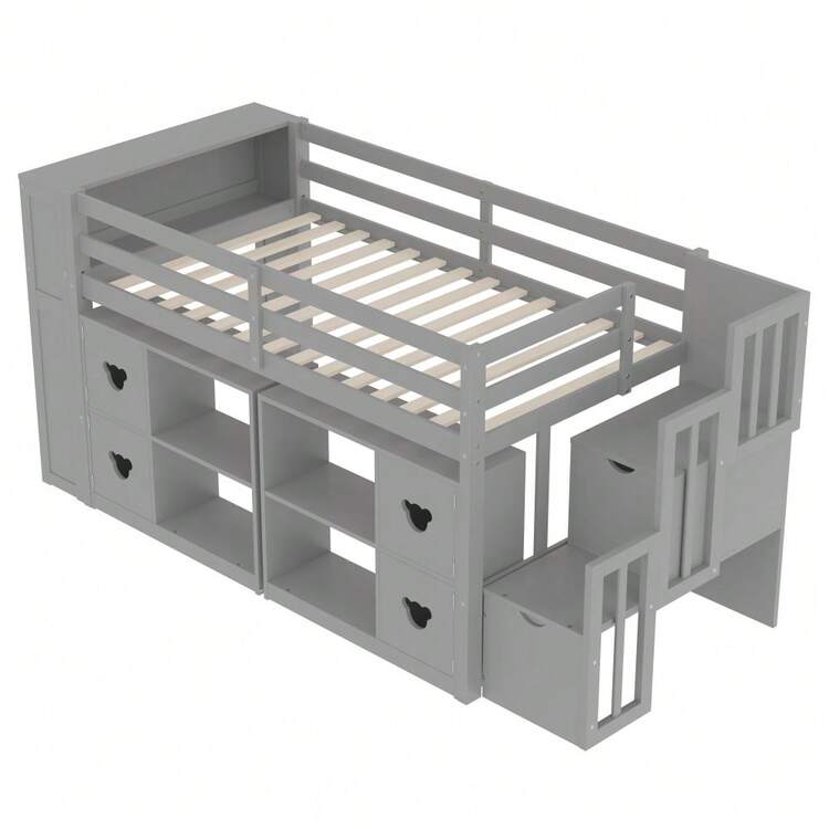 Low Loft Bed For Teens & Adults, Twin Size With Storage Staircase, Shelves, And Built-In Headboard, Space-Saving Design In Modern Gray Finish,Mattress Not Included - 灰色 + 雙人床 - 查看 10