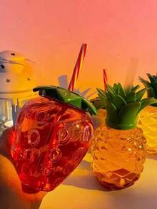 4/1pc-500ml/16.91 Oz Pineapple And Strawberry Shaped Drink Cups ,Hawaii Sippy Cup Cartoon Fruit Straw Cups Party Sippy Cup Strawberry And Pineapple Shaped Cup , Drink Cups With Straw And Strawberry Pendant Beverage Juice Mug For Party Strawberry Drinking - Multicolor - View 9