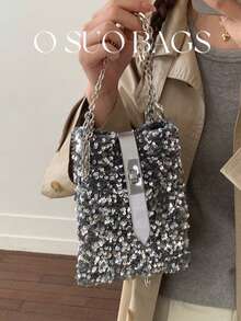 1pc Mini PVC Sequin Shiny Bucket Bag, Metal Chain Decor Glitter Ladies Party Clutch Purse, Fashion Gift Bag, Suitable For Women Party And Evening Wear - Silver - View 3