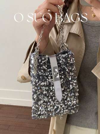 1pc Mini PVC Sequin Shiny Bucket Bag, Metal Chain Decor Glitter Ladies Party Clutch Purse, Fashion Gift Bag, Suitable For Women Party And Evening Wear