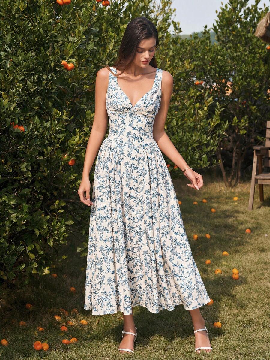 PARTHEA Elegant Women's Long A-Line Dress With V-Neck And Ruched Backless Smocking Bust Shirred Flared Hem Non-Stretch Fabric For Casual Style - Blue and White - View 1