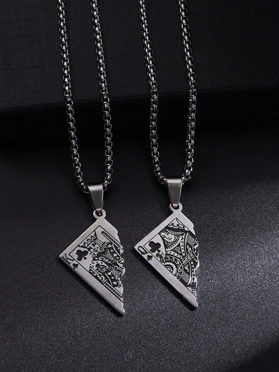 SeuSuk 1pc Men's Stainless Steel Half Poker Card K Pendant Necklace, Fashionable & Creative - The New - View 1