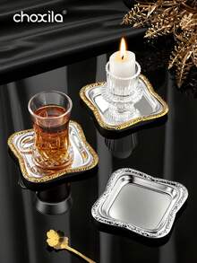 choxila 1/2/3件套磨砂金边杯托，方形杯托，杯垫，餐盘，枣盘，糖果盘，适用于家庭、咖啡馆、斋月 - 銀色 - 查看 5
