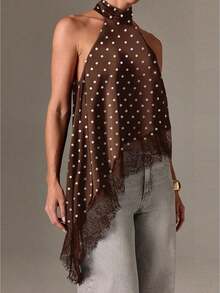 Women's Halter Neck Vest Summer Sleeveless Open Back Irregular Lace Hem Tank Tops - Chấm bi nâu - Xem 1