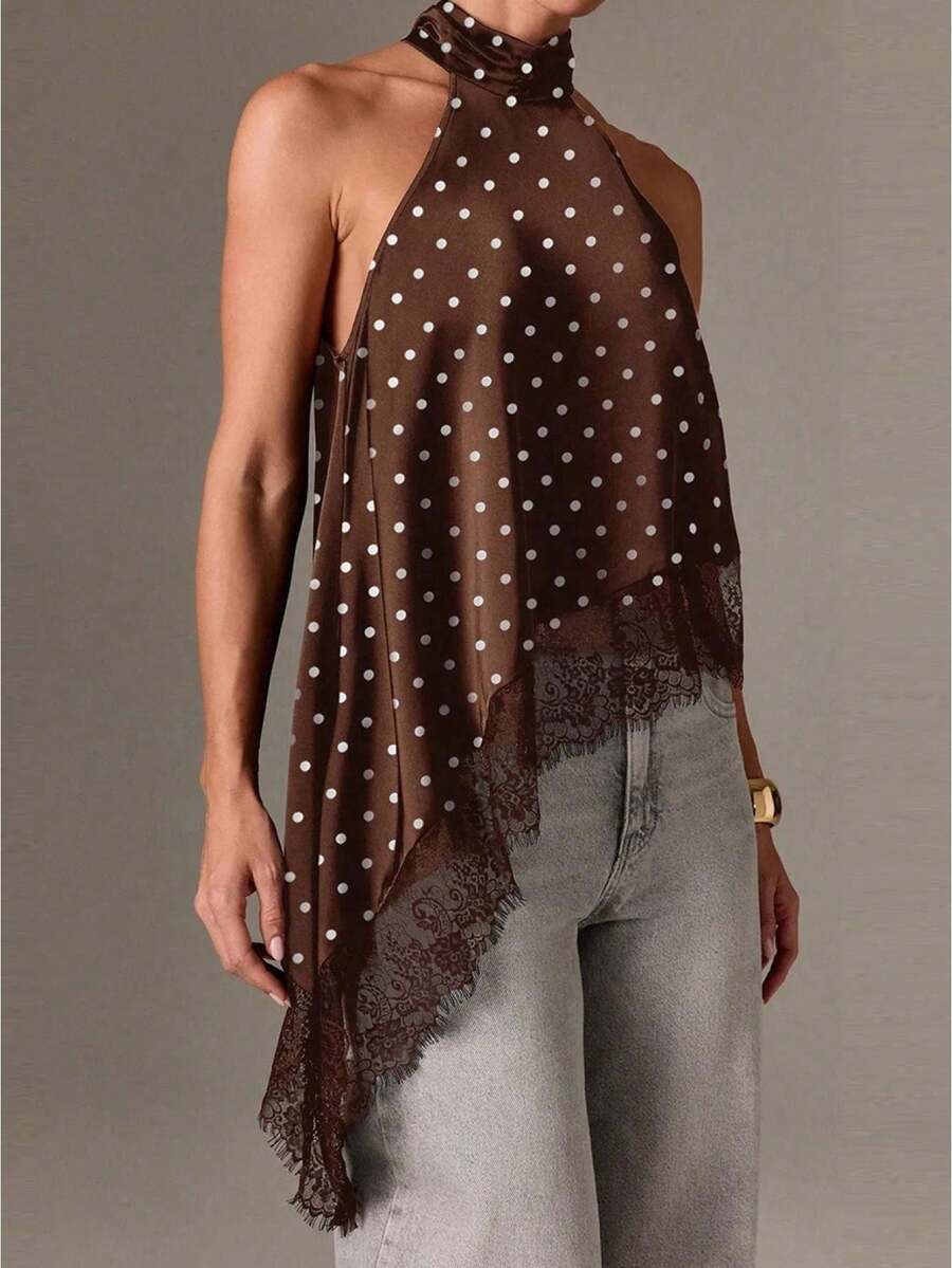 Women's Halter Neck Vest Summer Sleeveless Open Back Irregular Lace Hem Tank Tops - Chấm bi nâu - Xem 1