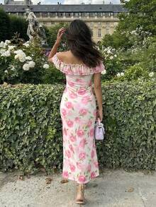 花卉荷叶边中长连衣裙 - 优雅的全身印花连衣裙，荷叶边下摆，适合女性，休闲可爱，是圣诞节和新年假日派对宾客的理想之选 - 彩色 - 查看 9