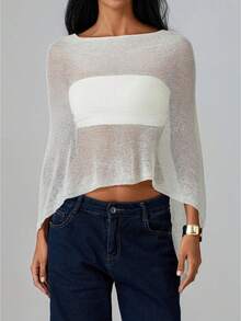 Women Sheer Poncho Top Lightweight Knit Crochet Shrug Bolero Mesh Batwing Sleeve Sweater Cover Up Beachwear - 白色 - 查看 7