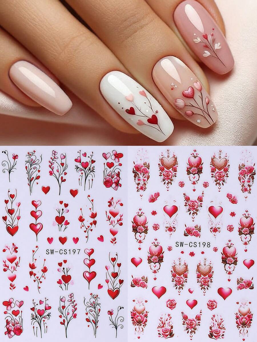 2片装红色爱心情人节美甲贴纸 浪漫爱心花朵玫瑰藤蔓美甲贴花 3D自粘美甲装饰 情人节及婚礼美甲用品 女士女孩美甲设计 - 彩色 - 查看 1