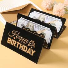 1pc Novelty Birthday Greeting Card, Surprise Cash Gifts Card Pink Gold/Black Gold Birthday Greeting Card With A Kraft Paper Envelope - Black Gold - View 3