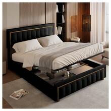 ZSSWSS Cama tapizada con canapé 140/160x200cm, canapé para adultos, con palanca hidráulica, cama doble con cabecero vertical texturizado, adecuada para adolescentes y adultos, somier de láminas, terciopelo, color negro - Negro - Ver 3