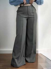Solid Color Zipper Pocket Button Waistless Elegant Fashion Versatile Suit Pants For Commuting - 深灰色 - 查看 3