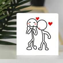 Cute Romantic White Rectangular Decorative Wooden Box With Simple Drawing Of Two Stick Figures (One Smiling Blushing With Playful Stance, One With Red Heart & Blush, Floating Red Hearts) For Loving Theme Display Or Gift - Simple Cute Style - 白色 - 查看 3