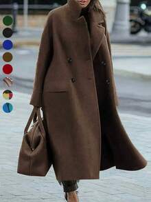 Plus Size Women's Casual Wool Blend Turndown Collar Long Sleeve Warm Commuter Elegant Long Coat, Autumn/Winter - Brown - View 3