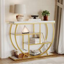4-Tier Narrow Farmhouse Console Table, Circle Base Wooden Sofa Table, Modern Industrial Entryway Table, With Metal Frame, For Living Room, Behind Couch, Apartment, Foyer, Hallway, Small Spaces - vàng - Xem 6
