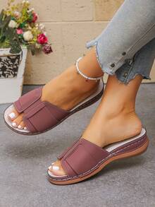 Plus Size Women's Summer New Fashion Casual Premium Burgundy PU Round Toe Wedge Heel Thick Sole Slide Sandals, Comfortable Slip-On Beach Slippers, Suitable For Daily Wear - Premium Wine Red PU - View 7