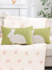 1pc/2pcs Easter Decorative Throw Pillow Cover, Rabbit Embroidery, Breathable Linen, Living Room Sofa Decor, Holiday Gift, Green - Green - View 6