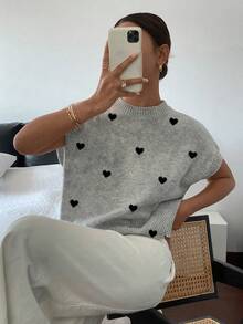 Women's Summer New Slimming Casual Loose Fit Heart Print Crew Neck Sleeveless Knit Top, Versatile Daily Wear - Grey - View 4