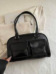 1pc Minimalist Retro Zipper Shoulder Bag With Pockets, Dual Handles, Suitable For Women's Casual Commute, Retro Style Handbag, Streetwear Fashion Shoulder Bag, Y2K Style - Black - View 5