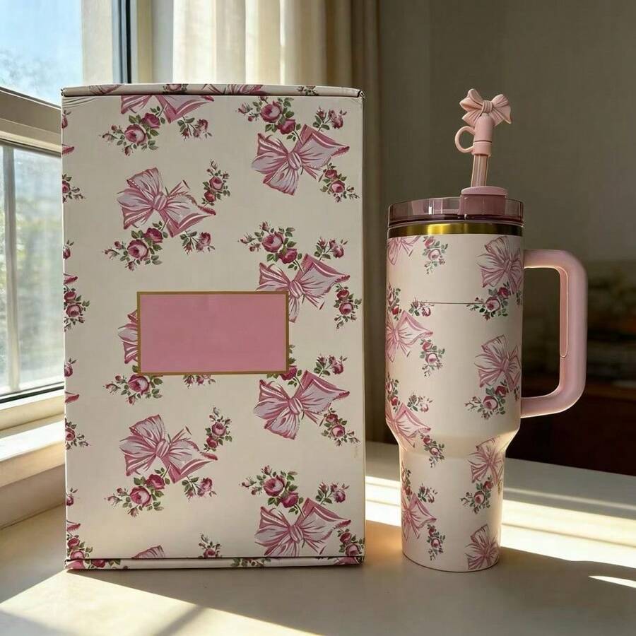 (Valentine's Day Gift) Promotion: LOVE*S Blue Butterfly 40oz Stainless Steel Insulated Water Bottle. Vacuum Insulated And Leak-Proof, With Straw And Handle. Suitable For Gym, Camping, Office, School, And Car Use. An Excellent Gift Choice. Couple's Version. - Nơ hồng - Xem 1