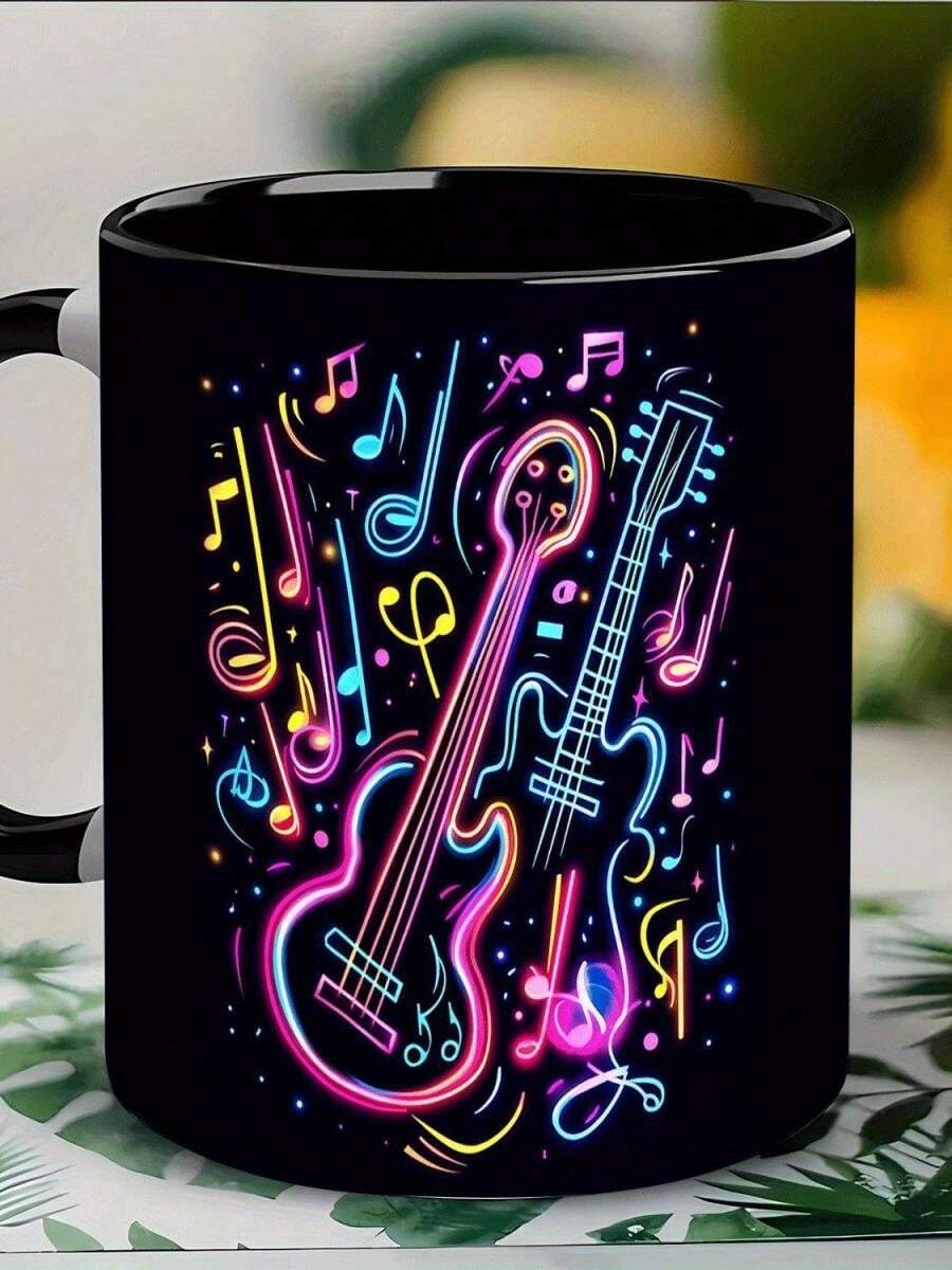 1 Music Note & Guitar-Shaped Ceramic Mug 11oz - Musical Note Porcelain Coffee Tea Cup With Music (Treble/Clef) - Musicians, Birthday, Office, Christmas, Valentine's Day - No Assembly Required, Romantic Valentines Day Present For Her Him, Birthday Anniversary Christmas Gift For Boyfriend Girlfriend Husband Wife Fiance, 11 Oz Ceramic Tea Cup - Đen 5 - Xem 1